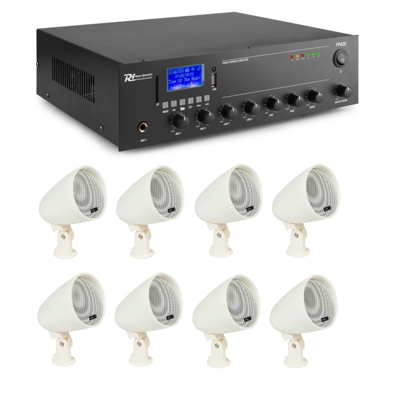 Kit de terasă: 1x Amplificator de sonorizări, 100V/70V/8 ohm, 30W RMS, Power Dynamics PPA30 + 4x Seturi de 2 boxe 100V/8ohm, IP65, 10W RMS, alb, Master Audio MB240TW