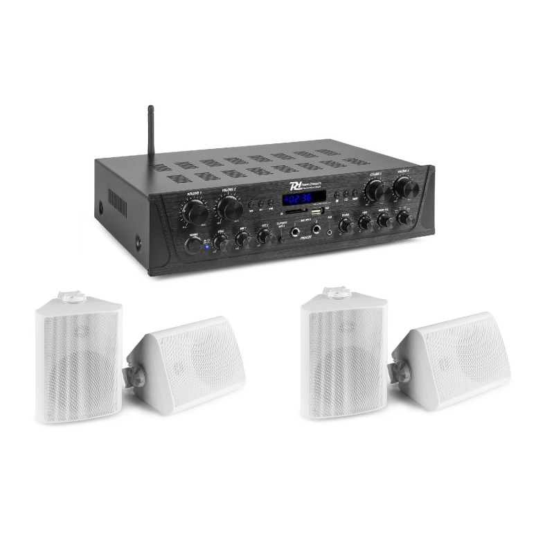 KIT DE SONORIZARE: Amplificator audio cu 4 canale, 4x50W RMS, Power Dynamics PV240BT + 2x Seturi de boxe interior/exterior, 8ohm, IPX5, 35W RMS, alb, Power Dynamics BGO50