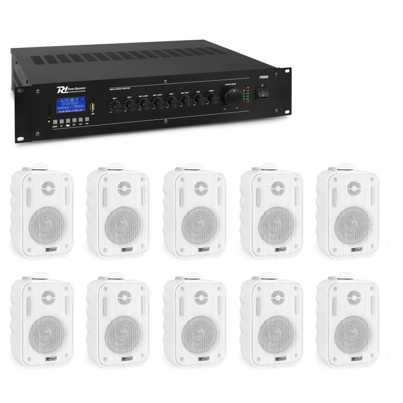 Sistem sonorizare terasă Power Dynamics, amplificator mixer cu 6 canale, 100V/8 ohm, 60W RMS, Bluetooth, PRM60 + 10 boxe, 20W RMS, IPX5, 100V/8ohm, alb BC30V