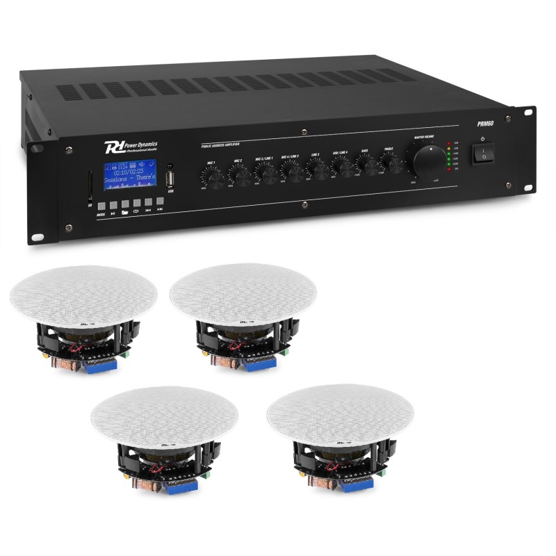 KIT DE SONORIZARE: Amplificator mixer cu 6 canale, 100V, 60W RMS, Power Dynamics PRM60 + 4x Difuzoare de tavan 100V, 2 căi, 20W RMS, 5.25", Power Dynamics FCS5